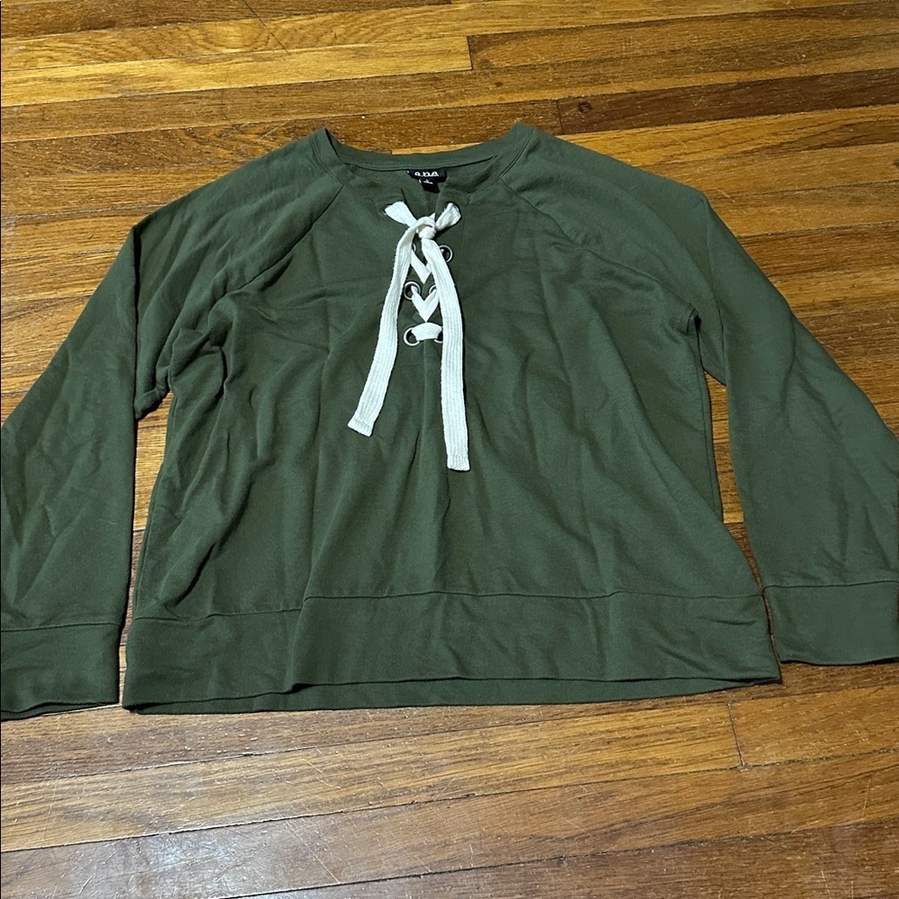 a.n.a Olive Green Lace-Up Front Sweatshirt, Large